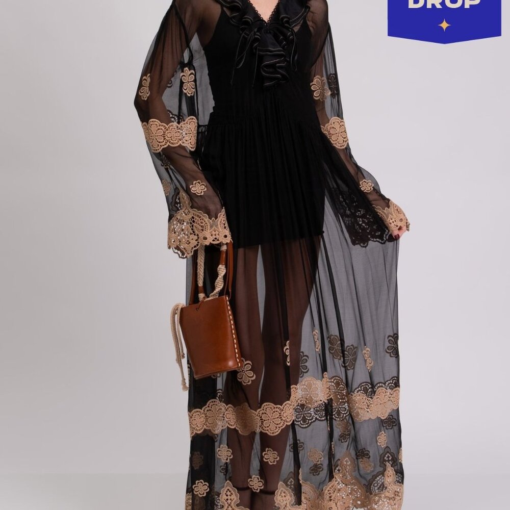 SFIZIO Silk Maxi Dress IT46 US10 UK14 XL Sheer Embroidered Lace Up RRP €575